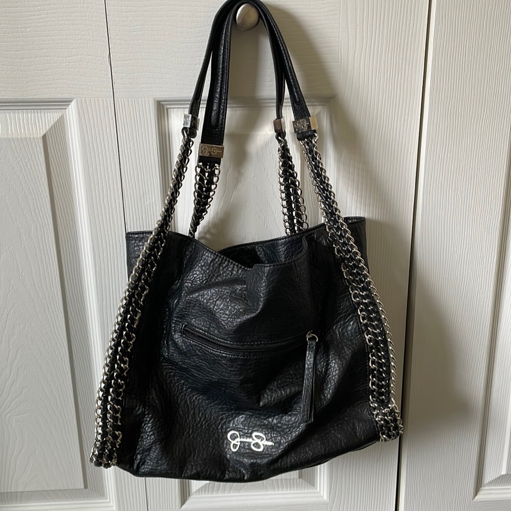 Jessica Simpson black bag with silver chain accents